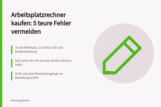 Karte zu fünf Fehlern beim Kauf von Arbeitsplatzrechnern im Betrieb. Arbeitsplatzrechner kaufen mit 5 Fehlern, die Sie vermeiden sollten