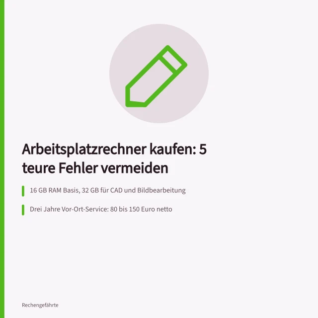 Karte zu fünf Fehlern beim Kauf von Arbeitsplatzrechnern im Betrieb. Arbeitsplatzrechner kaufen mit 5 Fehlern, die Sie vermeiden sollten