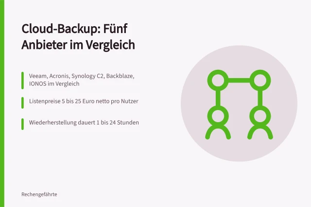 Vergleich von fünf Cloud-Backup-Anbietern mit Preisen und Wiederherstellungszeiten. Backup-Anbieter für kleine Betriebe im Vergleich nach Kosten und Wiederherstellung