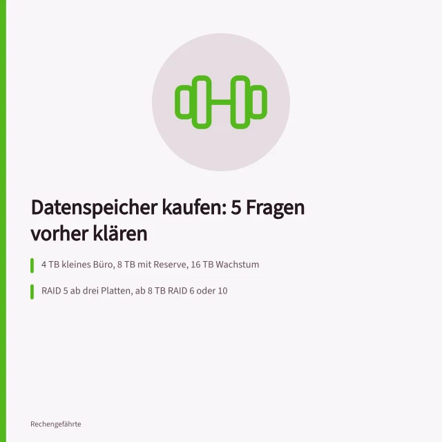Karte zu fünf Fragen vor dem Kauf von Datenspeichern. Datenspeicher kaufen mit 5 Fragen vor der Anschaffung