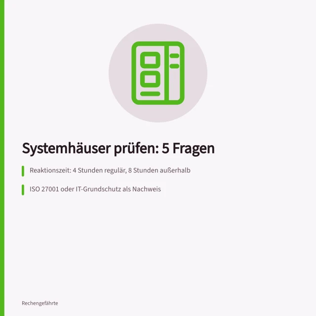 Karte mit fünf Prüffragen zur Auswahl von Systemhäusern. Systemhäuser auswählen mit 5 Fragen an IT-Dienstleister